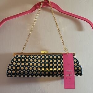 Nichole Lee Collection,  Dark Green With Gold Poka Dots Clutch, NWT